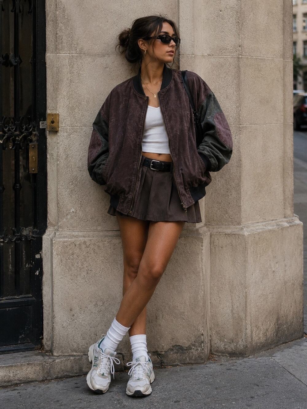 Vintage Suede Oversized Bomber Varsity Jacket Preppy Sporty Brown Green Medium